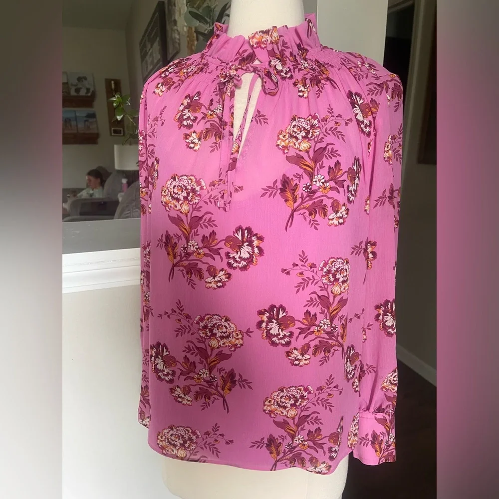 J Crew pink floral sheer drapey tie neck ruffle blouse top S
